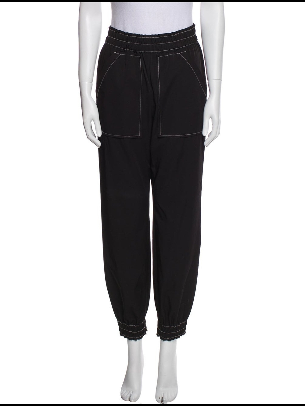 Ganni Elastic-Waist Navy Jogger Pants with Pink Topstitching